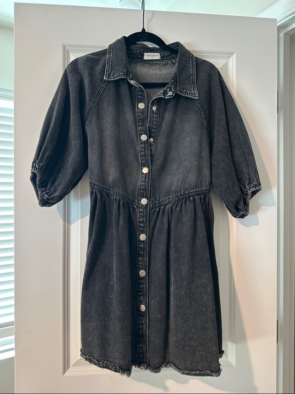 vestique Washed Black Button-Front Denim Dress with Puff Sleeves